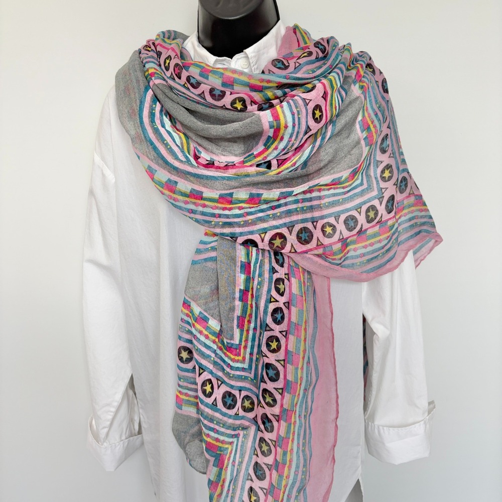 Geometric Star Print Pink Teal Grey OS Whimsical Celestial Scarf